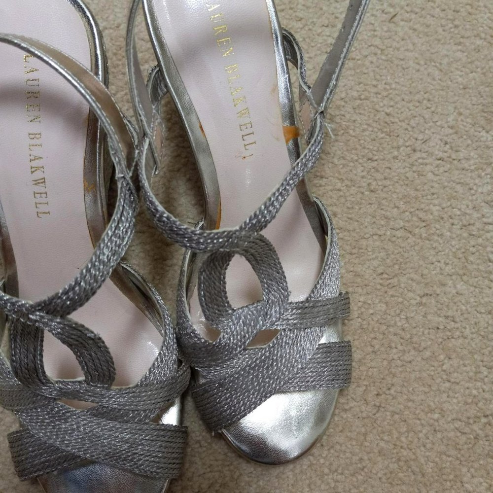 NEW Sz 7.5 Lauren Blackwell champagne/silver wedge sandals